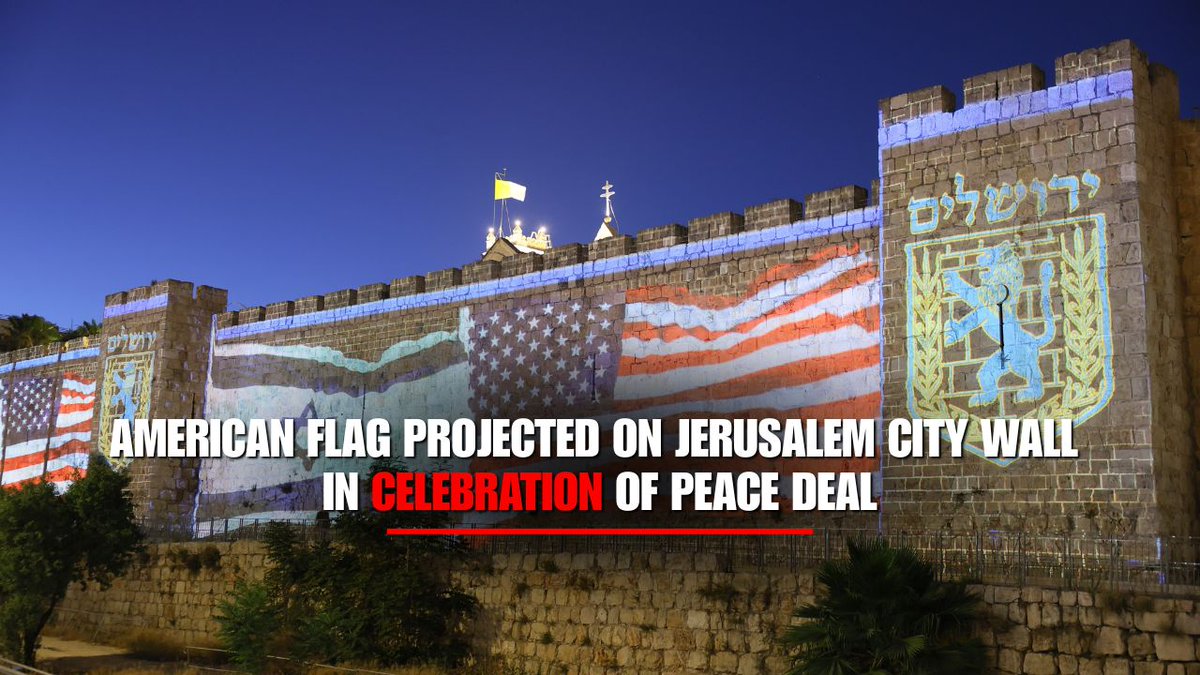 WATCH: Massive projections of the American and Israeli flags were illuminated on the walls of Jerusalem's Old City in celebration of the historic Israel-Hamas peace agreement.