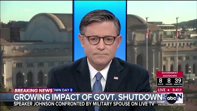 On day nine of the government shutdown, anxiety is growing among military families. @RachelVScott reports on the moment Speaker Mike Johnson was confronted on live TV by a woman who says she’s a military spouse.