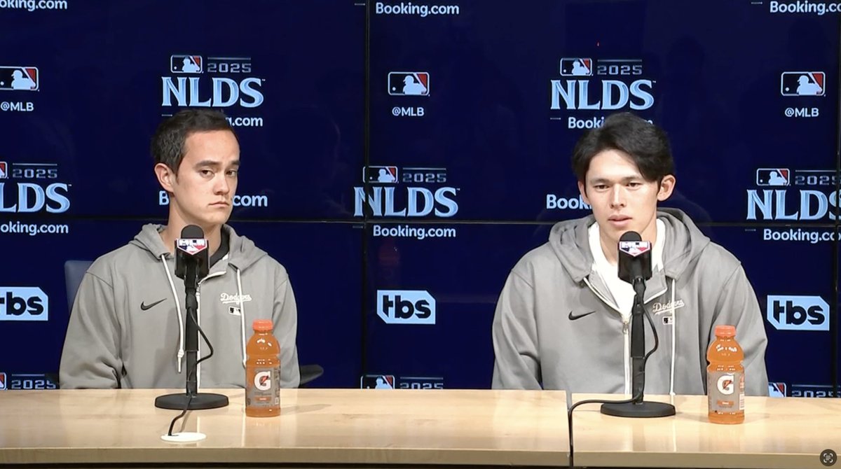 Roki Sasaki addresses the media alongside translator Will Ireton after his shutdown relief performance in tonight's Game 4 victory.