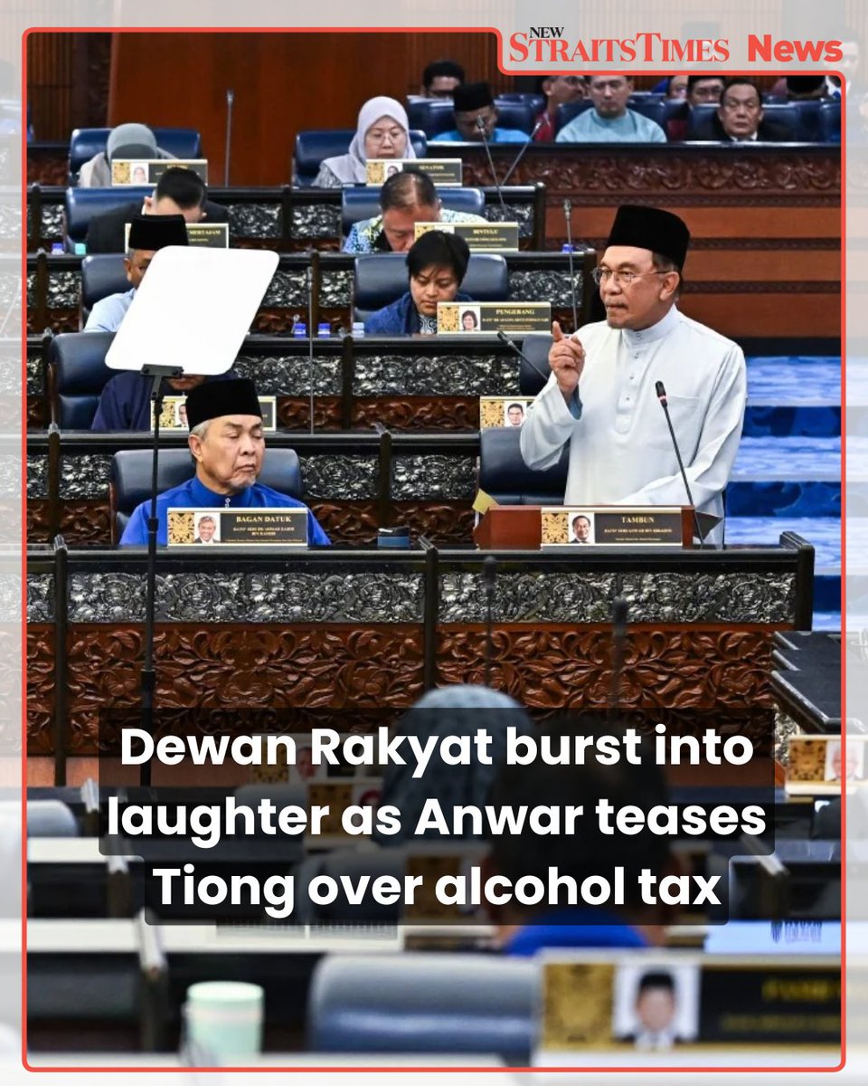 #NSTTV The Dewan Rakyat burst into laughter today when Prime Minister Datuk Seri Anwar Ibrahim announced a 10 per cent tax on alcohol and glanced over at Tourism, Arts and Culture Minister Datuk Seri Tiong King Sing. Midway during the tabling of the 2026 Budget announcement, Anwar struggled to keep a straight face, prompting a wave of amusement across the chamber. The light-hearted moment drew even more laughter from lawmakers, given the recent controversy involving Tiong's ministry over a Tourism Malaysia gala dinner where alcohol was served. READ MORE :