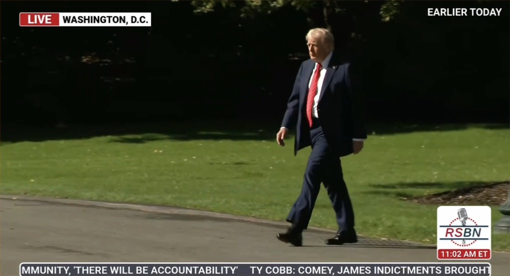 Look! A dispirited Donald Trump ignoring questions from the press pool as he departs for his second 'routine yearly checkup' of 2025 to Walter Reed Hospital. What do you notice?