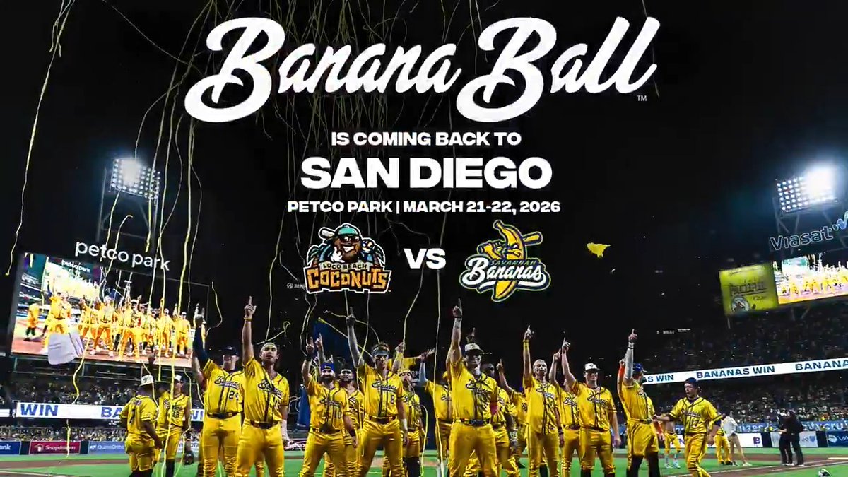 Save the date: Banana Ball is coming back to Petco Park on March 21-22, 2026 🍌 Don’t miss Savannah Bananas facing off with the new Loco Beach Coconuts: