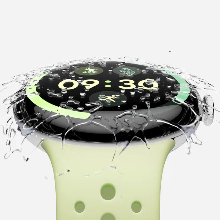 Built for every second. #PixelWatch 4 features a first-of-its-kind Actua 360 domed display,¹ scratch-resistant Gorilla® Glass, and water resistance up to 50 meters so you can go from pool time to the finish line with peace of mind:²