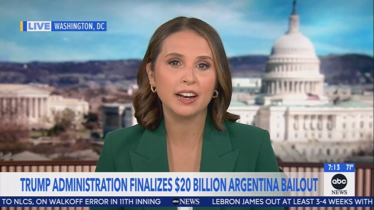 Reporter: Treasury Secretary Scott Bessent says the US finalized this controversial $20 billion financial lifeline for Argentina and also took the unusual step of directly buying Argentine pesos to prop up their struggling currency. Democrats and some Republicans are accusing the Trump administration of bailing out Argentina at a time while hundreds of thousands of workers here are not getting paid and farmers are facing hardship.
