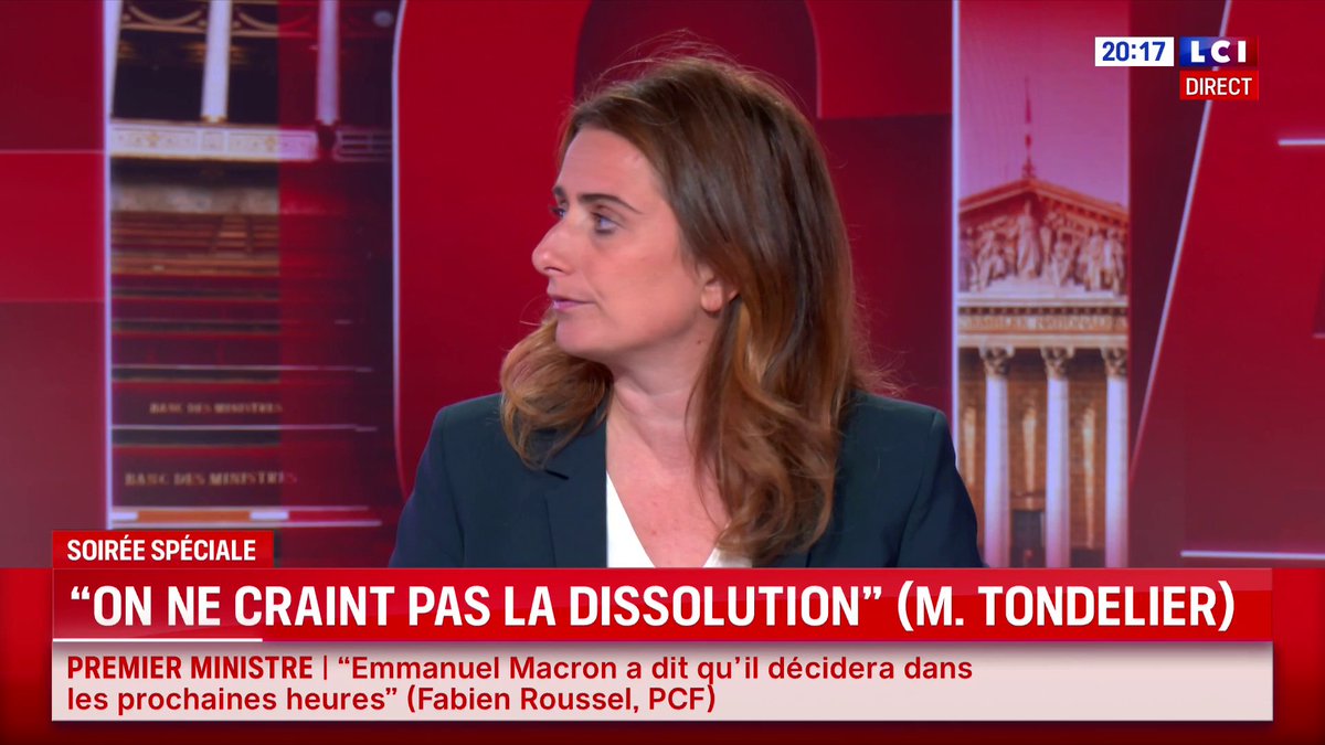 🔴 Crise politique : Marine Tondelier (Marine Tondelier) s'exprime ▶️ "Nous ne craignons pas la dissolution (...) Ce ne sont pas les écologistes qui ont à perdre dans cette dissolution, ce sont les macronistes."