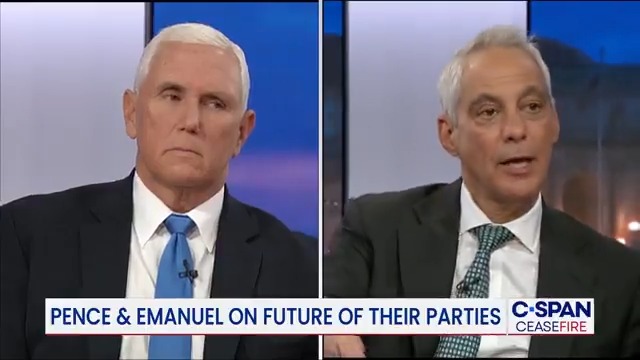 C-SPAN's "Ceasefire" — Mike Pence and Rahm Emanuel talk about the future of their parties. See the entire conversation on the premiere episode TONIGHT on C-SPAN at 7pm &amp; 10pm ET/PT.
