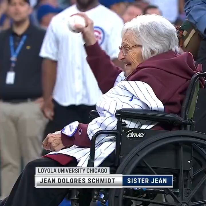 When Sister Jean threw out the first pitch at Wrigley on her 104th birthday 💙