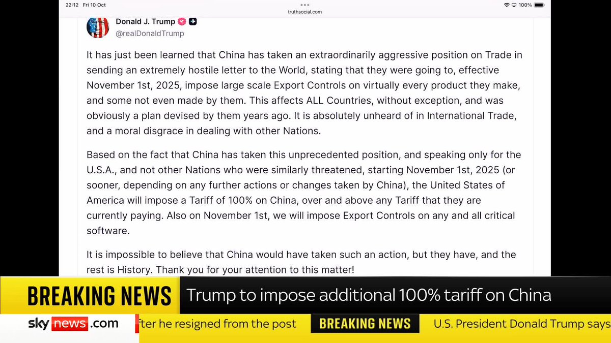 BREAKING: Trump to impose an additional 100% tariff on China. David Blevins has the latest on Trump, including the praise he received from Hilary Clinton. 📺 Sky 501, Virgin 602, Freeview 233 and YouTube