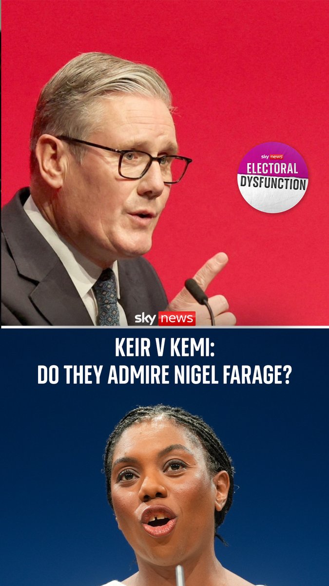 Sky's Beth Rigby asked both Kemi Badenoch and Keir Starmer whether they admire Nigel Farage, and their responses were very different ⬇️ Ruth Davidson Harriet Harman Listen to #ElectoralDysfunction wherever you get your podcasts 🔗