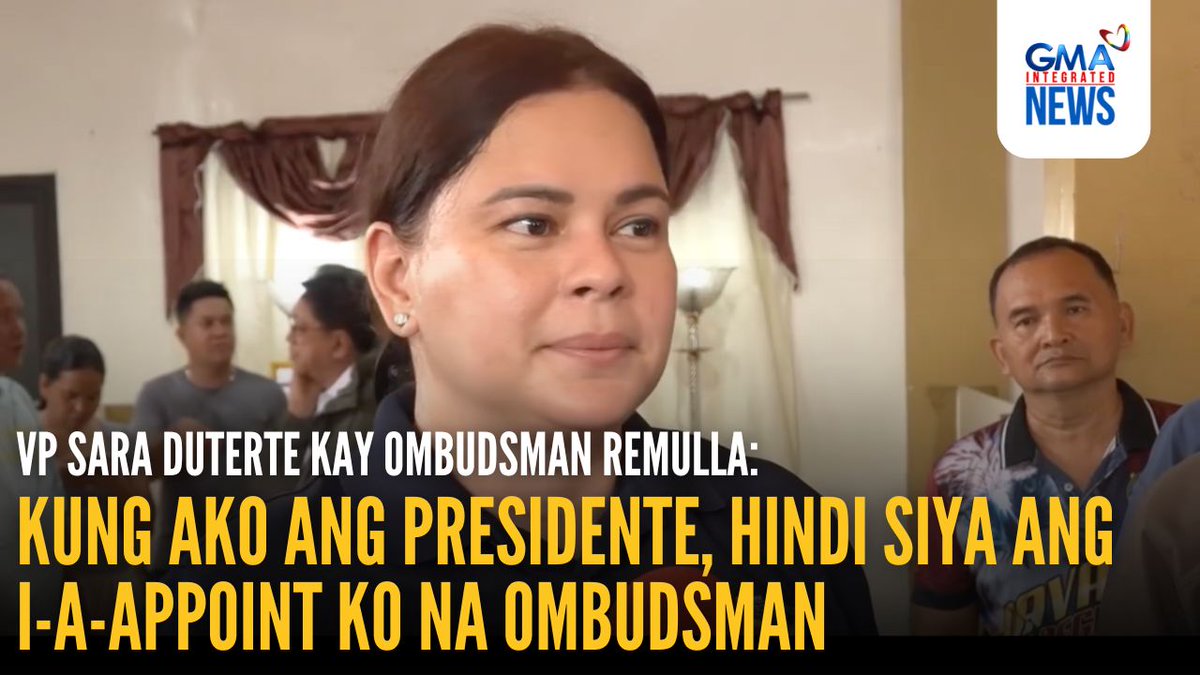 ‘KUNG AKO ANG PRESIDENTE, HINDI SI [REMULLA] ANG I-A-APPOINT KO’ Sinagot ni Vice President Sara Duterte ang pahayag ni Ombudsman Jesus Remulla na sisilipin ng bagong Ombudsman ang kaniyang Statement of Assets, Liabilities, and Net Worth (SALN). Nang tanungin naman kung pabor siya sa pagtatalaga kay Remulla bilang bagong Ombudsman, tugon ni Duterte: “Kung ako ang presidente, hindi siya ang i-a-appoint ko.” | via GMA Regional TV One Mindanao