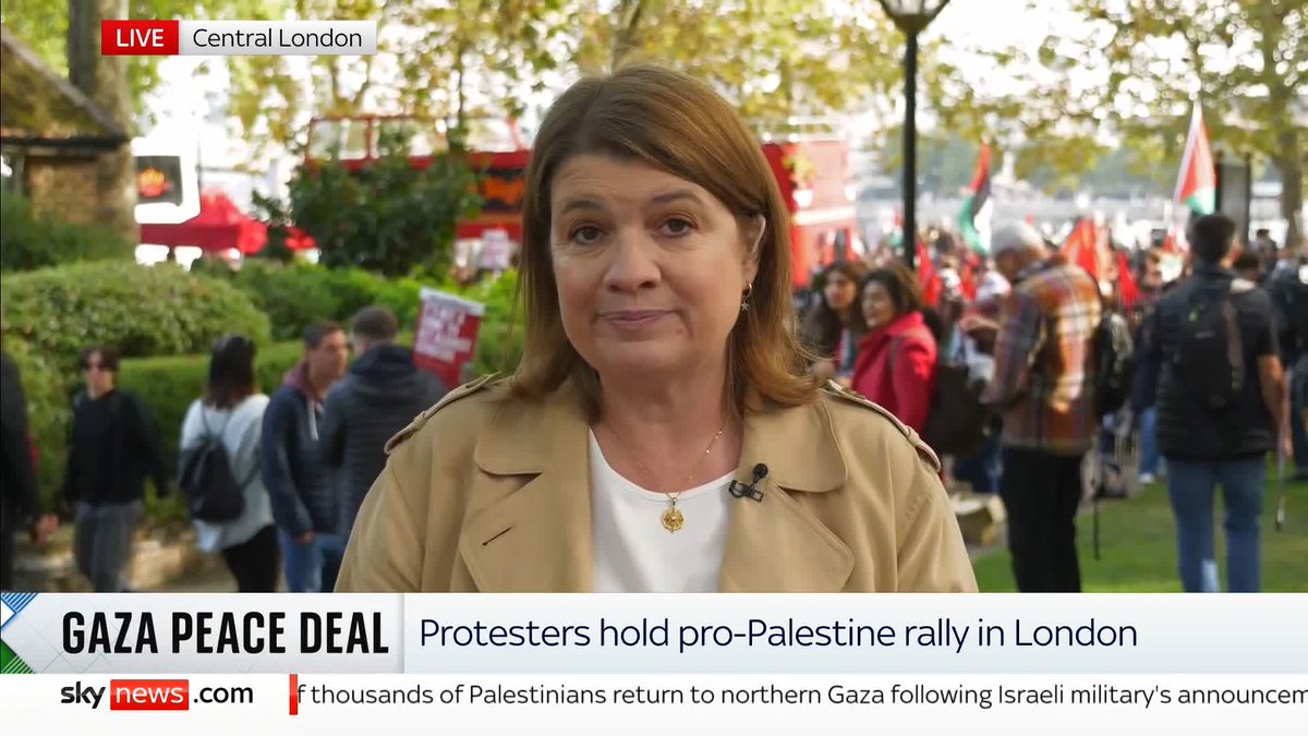"Although peace is very much on the horizon they say there is still plenty to fight for." Laura Bundock reports as hundreds of thousands of pro-Palestinian protesters gather for a march and speeches in central London. 📺 Sky 501 and YouTube