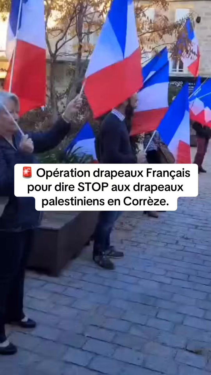 🚨 [MAJ] L’OPÉRATION DRAPEAU de Reconquête Corrèze a pu se dérouler, mais à un autre endroit que devant le marché de Brive car INTERDIT par la préfecture. Pour rappel, CHAQUE SEMAINE, des militants pro-palestiniens se rassemblent devant le marché de Brive avec des drapeaux 🇵🇸.