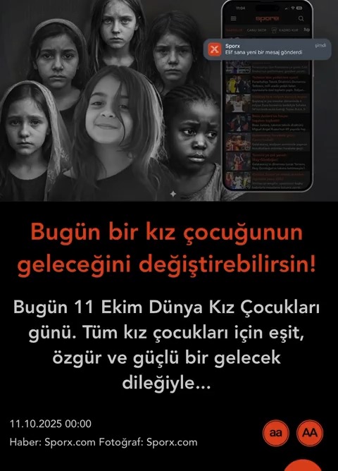 Yüzbinlerce Sporx kullanıcısı güne bir bildirim ile başladı. Yaşattığımız ufak şaşkınlık ve heyecan için özür dileriz. 🙏🎈👇 Çünkü bazen en güzel mesajlar bir bildirim ile gelir... 📲 #11EkimDünyaKizÇocuklarıGünü #DünyaKızÇocuklarıGünü