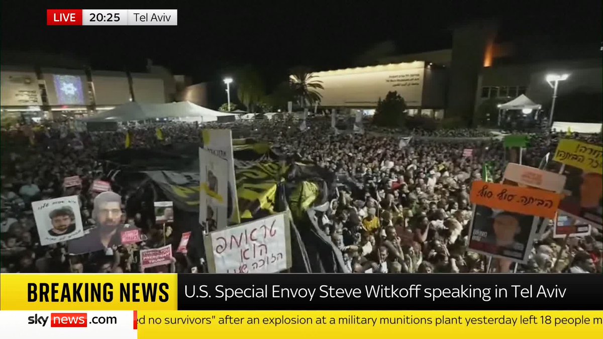 BREAKING: Crowds boo mention of Israeli PM Benjamin Netanyahu during Steve Witkoff's speech in Hostages Square. Follow live 🔗 📺 Sky 501 and YouTube