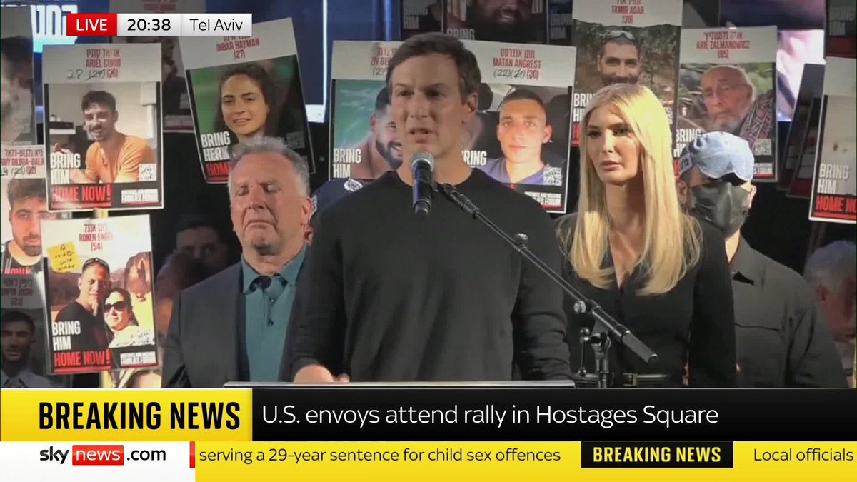 "We're not going to celebrate tonight. We're going to celebrate on Monday when phase one gets a conclusion" Former US Senior Adviser Jared Kushner speaks in Hostages Square. Follow live 🔗 📺 Sky 501 and YouTube