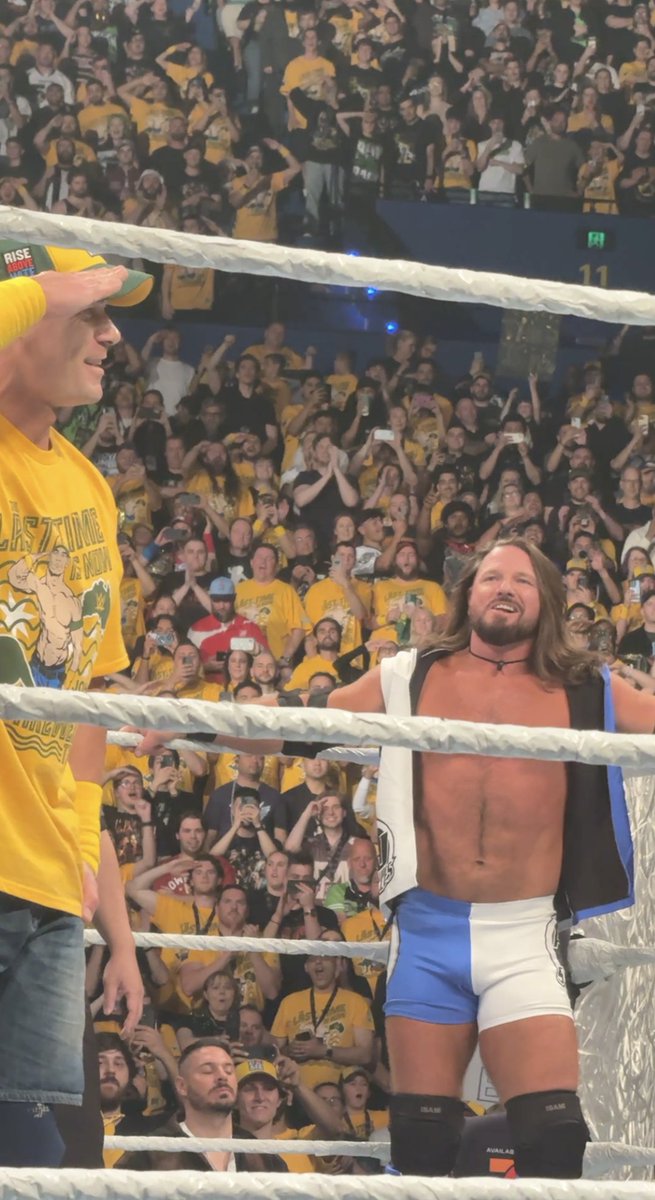 Watch AJ Styles smiling the entire time during John Cena’s final introduction in Australia as the fans cheered him on at #WWECrownJewel. Respect 🥲❤️