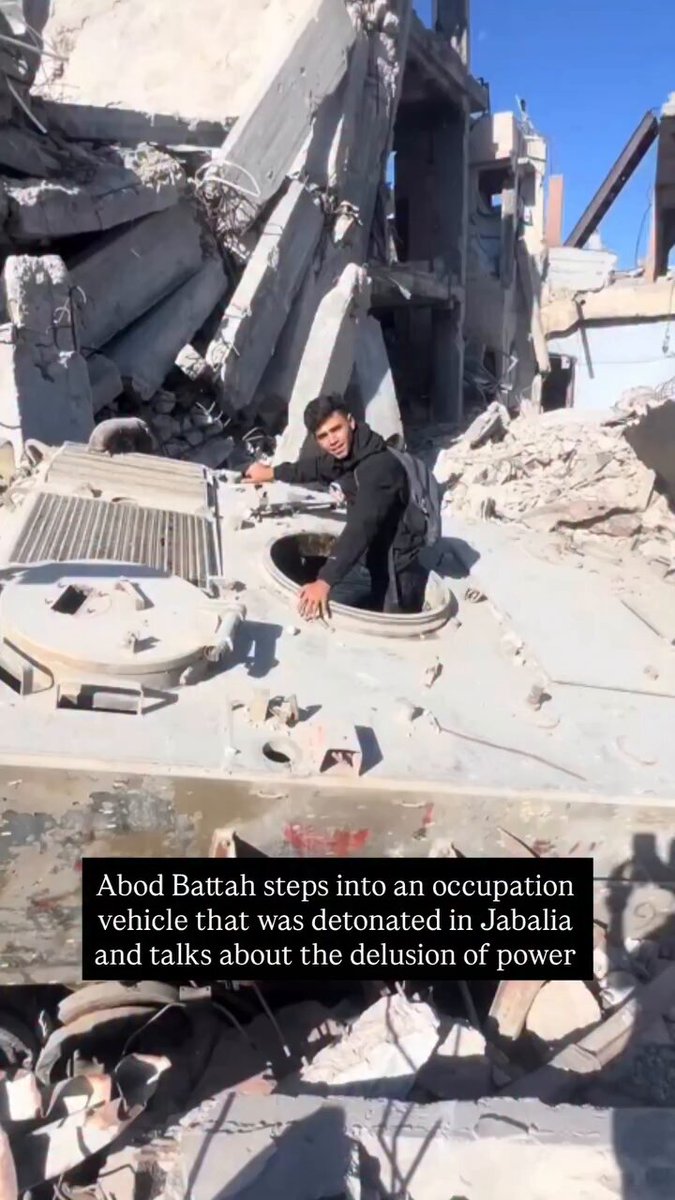 Young journalist Aboud Battah delivers a powerful message from Jabalia camp on top of a destroyed tank
