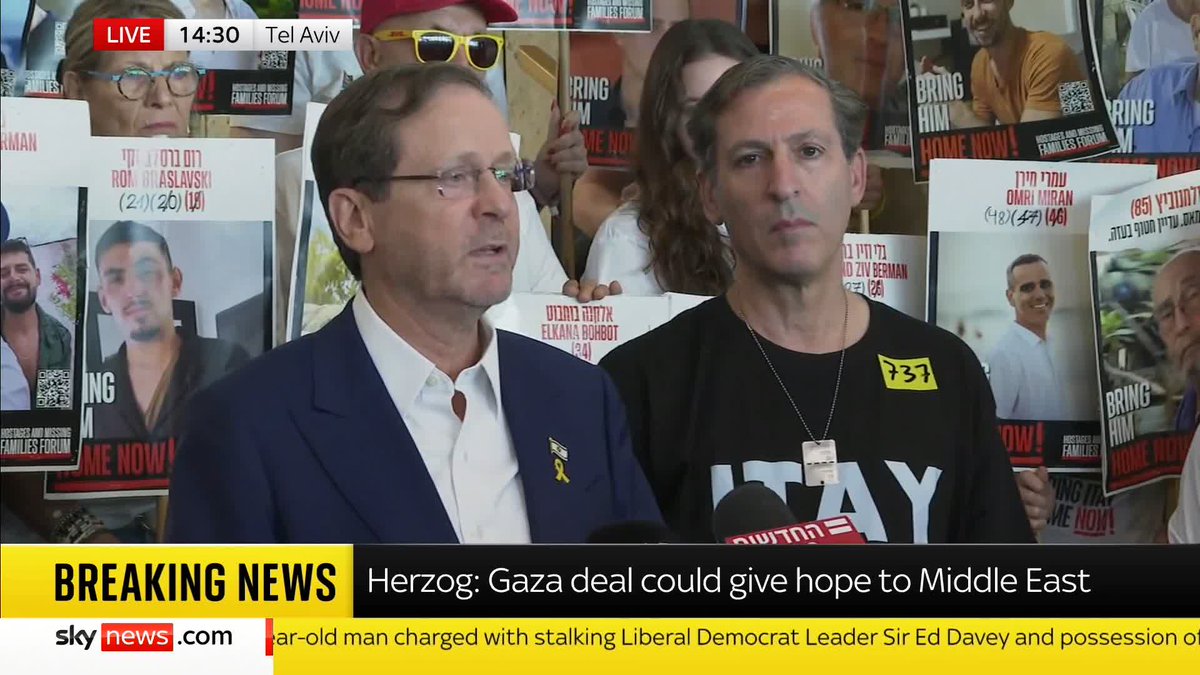 "As soon as the hostages are back, Israel is not going to war". Israeli President Isaac Herzog says the return of Israeli hostages will 'change the Middle East' as he speaks in front of hostage families in Tel Aviv. 📺 Sky 501 and YouTube