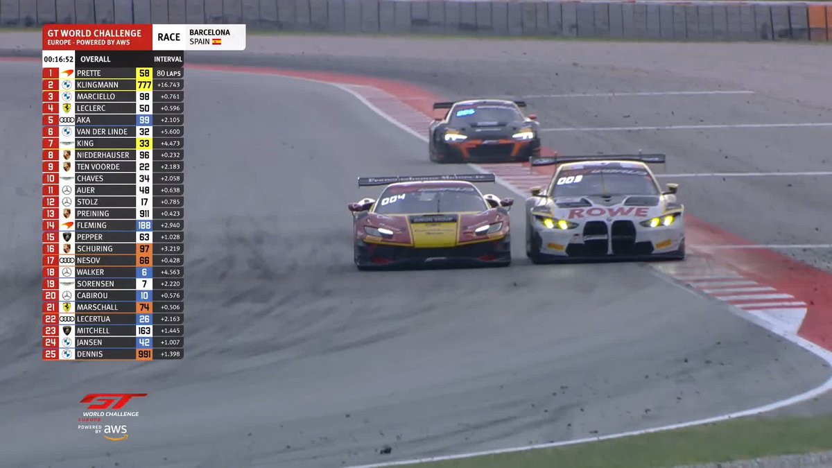 Lello vs Leclerc in the fight for the overall podium. Epic racing. 📺 #GTWorldEurope | #GTBarcelona
