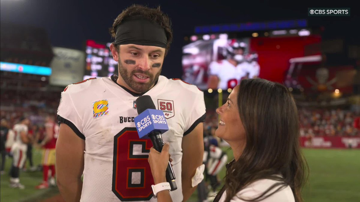 Baker Mayfield (with Tez Johnson cameo 😂) talk to Tracy Wolfson following a decisive Bucs win