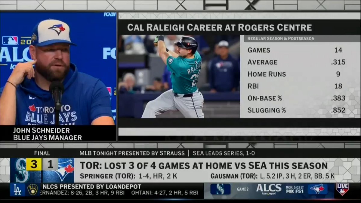 Did John Schneider consider walking Cal Raleigh in the 6th inning? The Blue Jays skipper addresses the media following tonight's Game 1 loss.