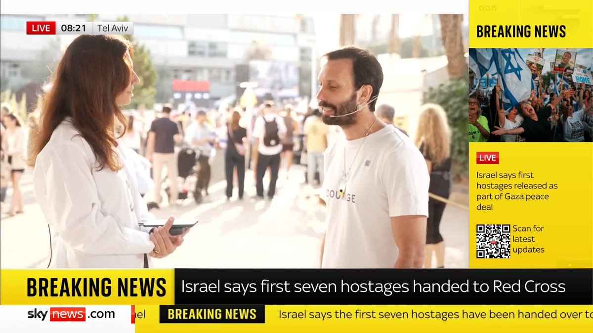 'I cannot even tell you how overwhelmed by emotions I am' Daniel Lifshitz, whose grandparents were kidnapped by Hamas on 7 October 2023, speaks to Yalda Hakim in Tel Aviv's Hostages Square as people await the return of Israeli hostages. 🔗 📺 Sky 501