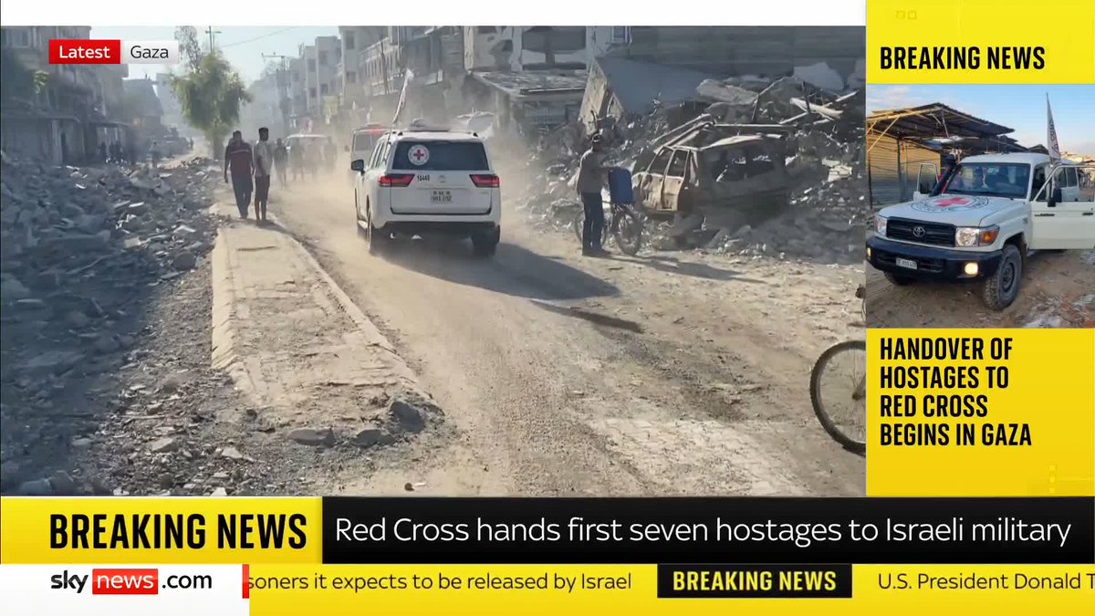 BREAKING: Red Cross vehicles are seen taking seven Israeli hostages from Khan Younis. The IDF says they've been handed over by the Red Cross and are now in Israel. Follow live 🔗 📺 Sky 501, Virgin 602, Freeview 233 and YouTube