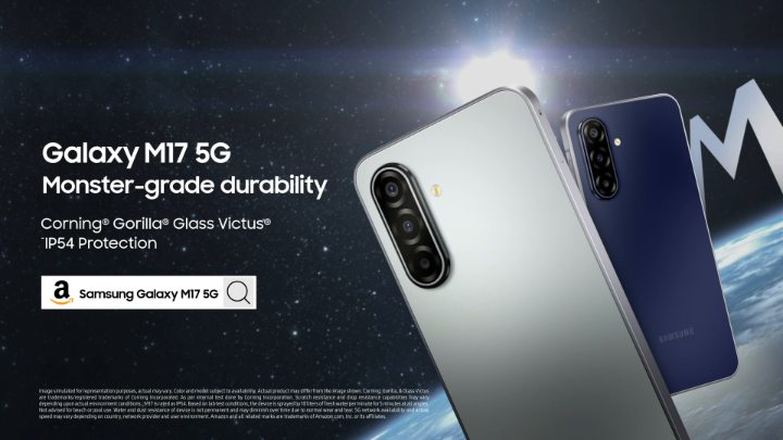 Presenting the next grade #GalaxyM17 5G with Monster endurance to fight heavy bumps and falls with Corning Gorilla Glass Victus, while IP54 shields it from dust and water splashes. #GalaxyM17 5G #LoveForMonster #MonsterInMotion #Samsung