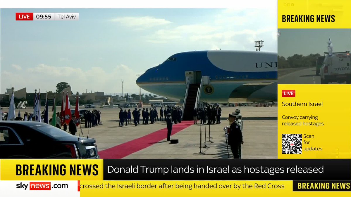 BREAKING: US President Donald Trump has arrived in Tel Aviv, and has been greeted by a delegation including Israeli President Isaac Herzog and Prime Minister Benjamin Netanyahu. Follow live 🔗 📺 Sky 501, Virgin 602, Freeview 233 and YouTube