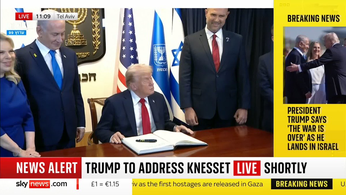 BREAKING: US President Donald Trump has signed a book upon arriving at the Knesset, Israel's parliament, where he is expected to deliver a speech. Follow live 🔗 📺 Sky 501, Virgin 602, Freeview 233 and YouTube