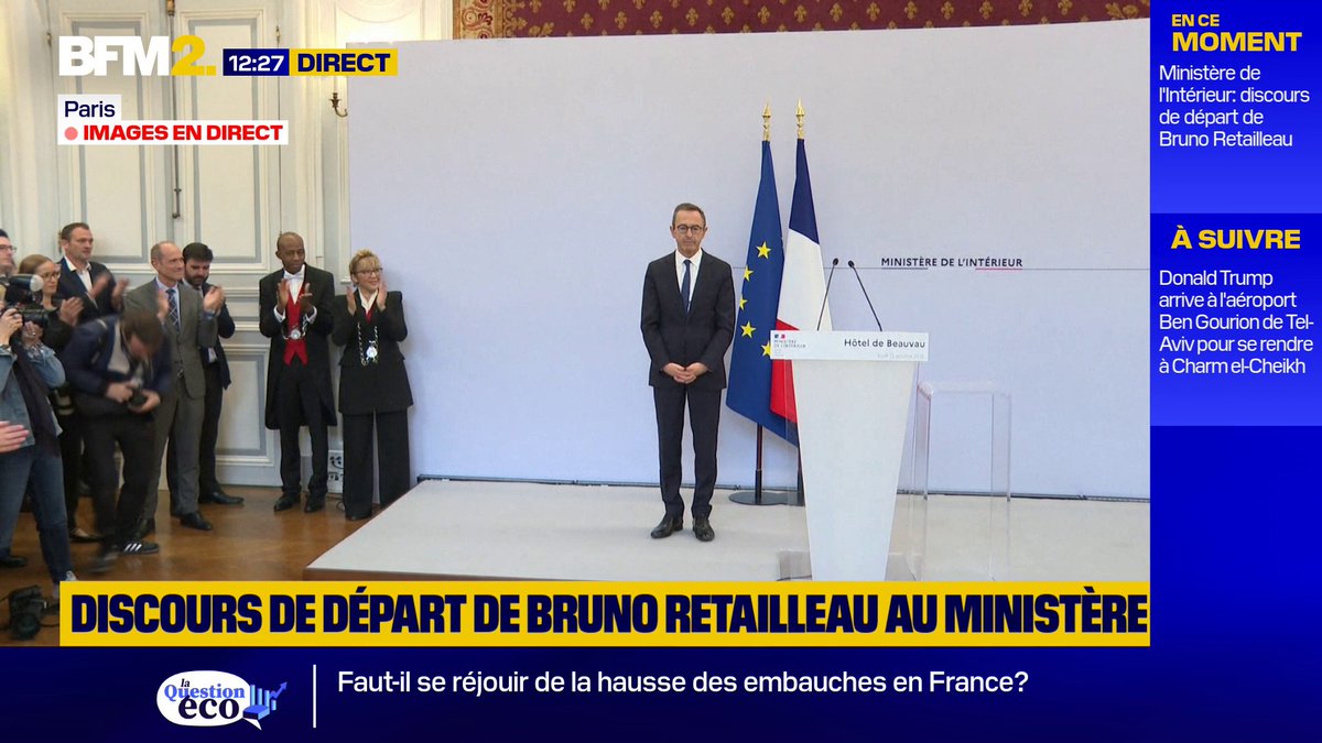 💬 "Je voulais vous remercier et certainement pas partir comme un voleur (...) Le plus grand honneur de toute ma vie aura été d'être votre chef " Bruno Retailleau se dit "immensément fier" de son rôle, lors de son discours de départ du ministère de l'Intérieur #BFM2