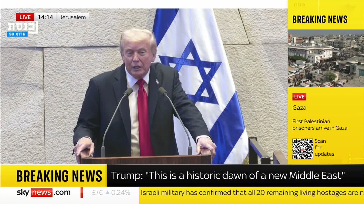 BREAKING: US President Donald Trump's speech in Israel's parliament is briefly interrupted by two left-wing members of the Knesset. Follow live 🔗 📺 Sky 501, Virgin 602, Freeview 233 and YouTube