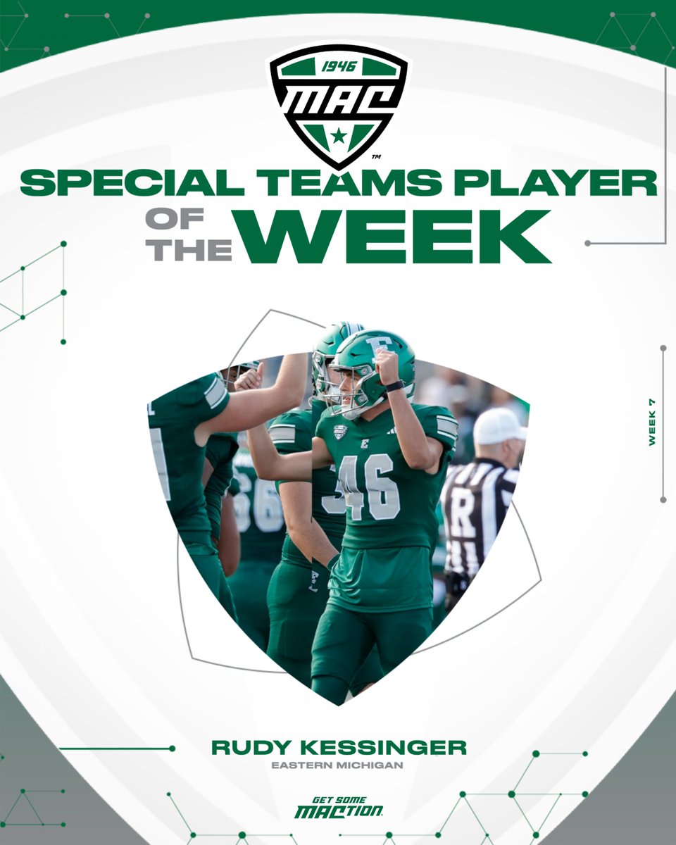 ๐ Special Teams Player of the Week ๐ Eastern Michigan's Rudy Kessinger went 3-for-3 on field goals and added an extra point for 10 total points, including a clutch 28-yarder late to seal EMUโs 16-10 win. Eastern Michigan Football | #MACtion