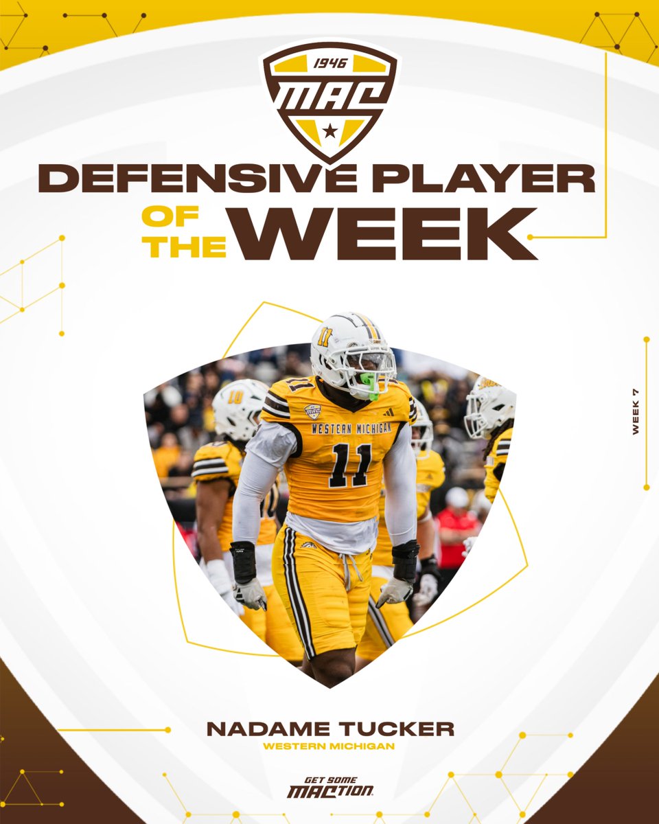🏈 Defensive Player of the Week 🏈 Western Michigan's Nadame Tucker recorded seven tackles and 3.5 sacks, leading a Bronco defense that held Ball State to 88 total yards in a 42-0 shutout. Western Michigan Football | #MACtion