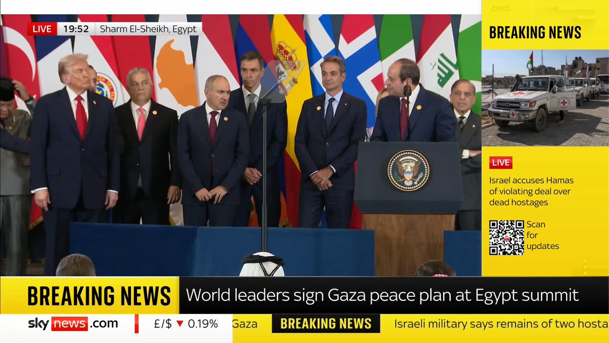 'Ending of the Gaza war should be the end of all wars in the region.' Egyptian President Abdel Fattah al Sisi speaks after signing the Gaza peace plan at a summit in Egypt alongside US President Donald Trump. 📺 Sky 501, Virgin 602, Freeview 233