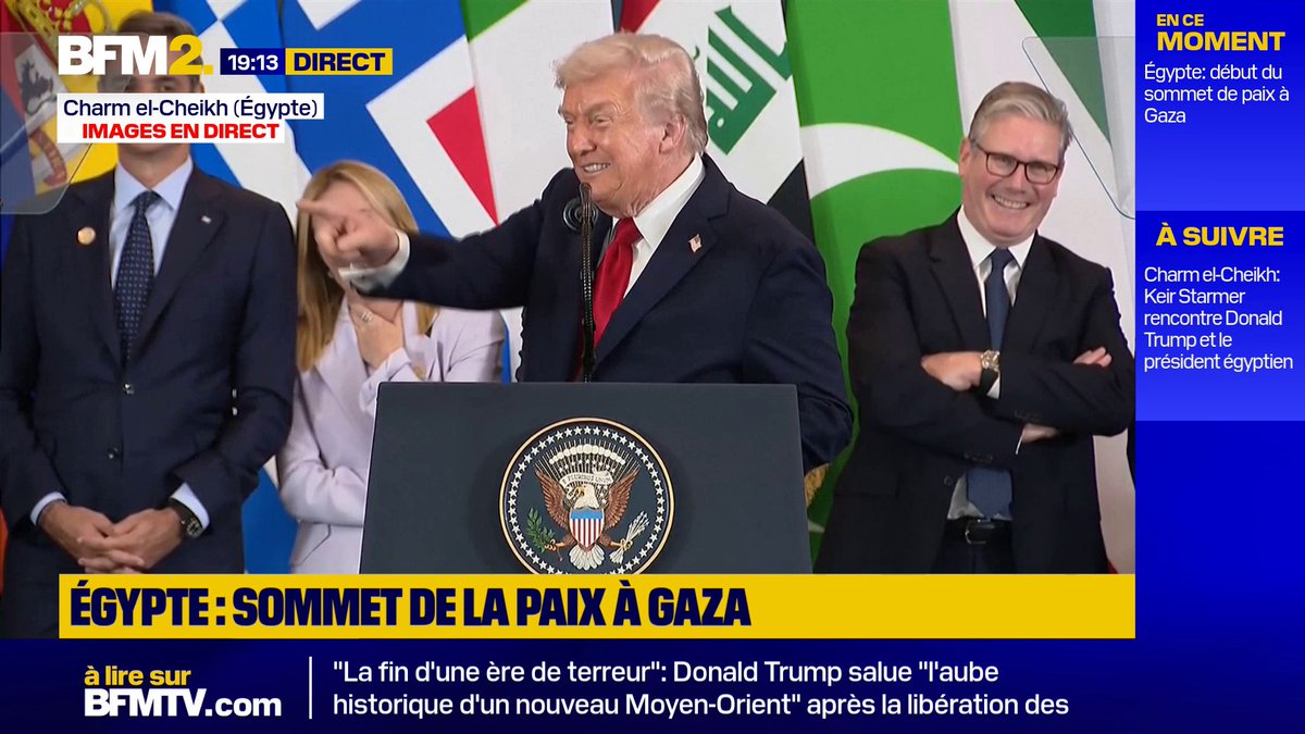 "J'ai du mal à croire que tu fais profil bas aujourd'hui" Donald Trump tacle Emmanuel Macron au moment de remercier les pays qui ont eu un rôle dans l'accord de paix à Gaza #BFM2