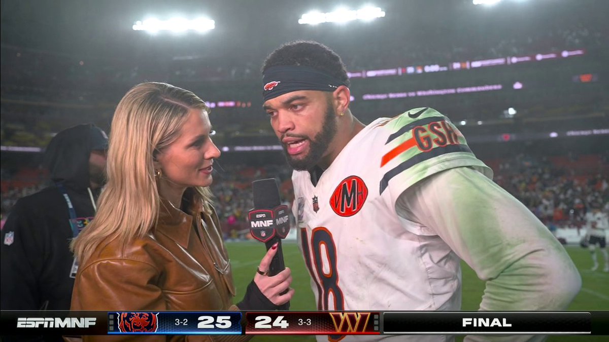 "Now we're 3-2, because of our fight. Because of how we face adversity." Laura Rutledge talks to Caleb Williams post-MNF win 🤩