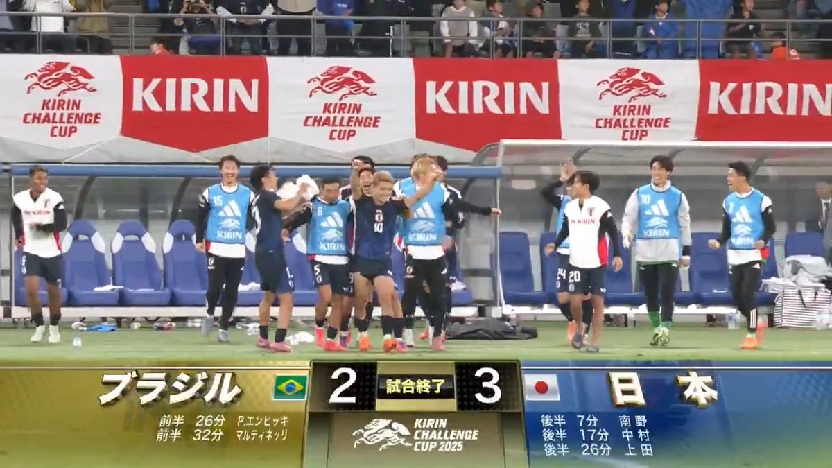 🏆キリンチャレンジカップ2025 🇯🇵 #サッカー日本代表 vs ブラジル🇧🇷 試合終了の瞬間！ ブラジルを相手に逆転で初勝利！✨ 📺地上波 #テレビ朝日 系列で生中継！ #最高の景色を #SAMURAIBLUE