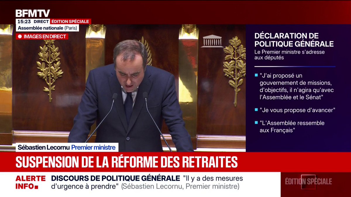 🇫🇷 : Lecornu annonce une suspension de la réforme des retraites jusqu’à la présidentielle de 2027. Le PS pourrait ainsi ne pas censurer le gouvernement. #DirectAN