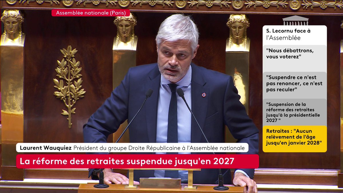 🔴 🗣 “Nous ne censurerons pas un gouvernement a priori, et nous ne ferons pas partie de ceux qui font tomber les Premiers ministres”, répond Laurent Wauquiez, président du groupe Droite républicaine à l’Assemblée nationale, à la déclaration de politique générale.