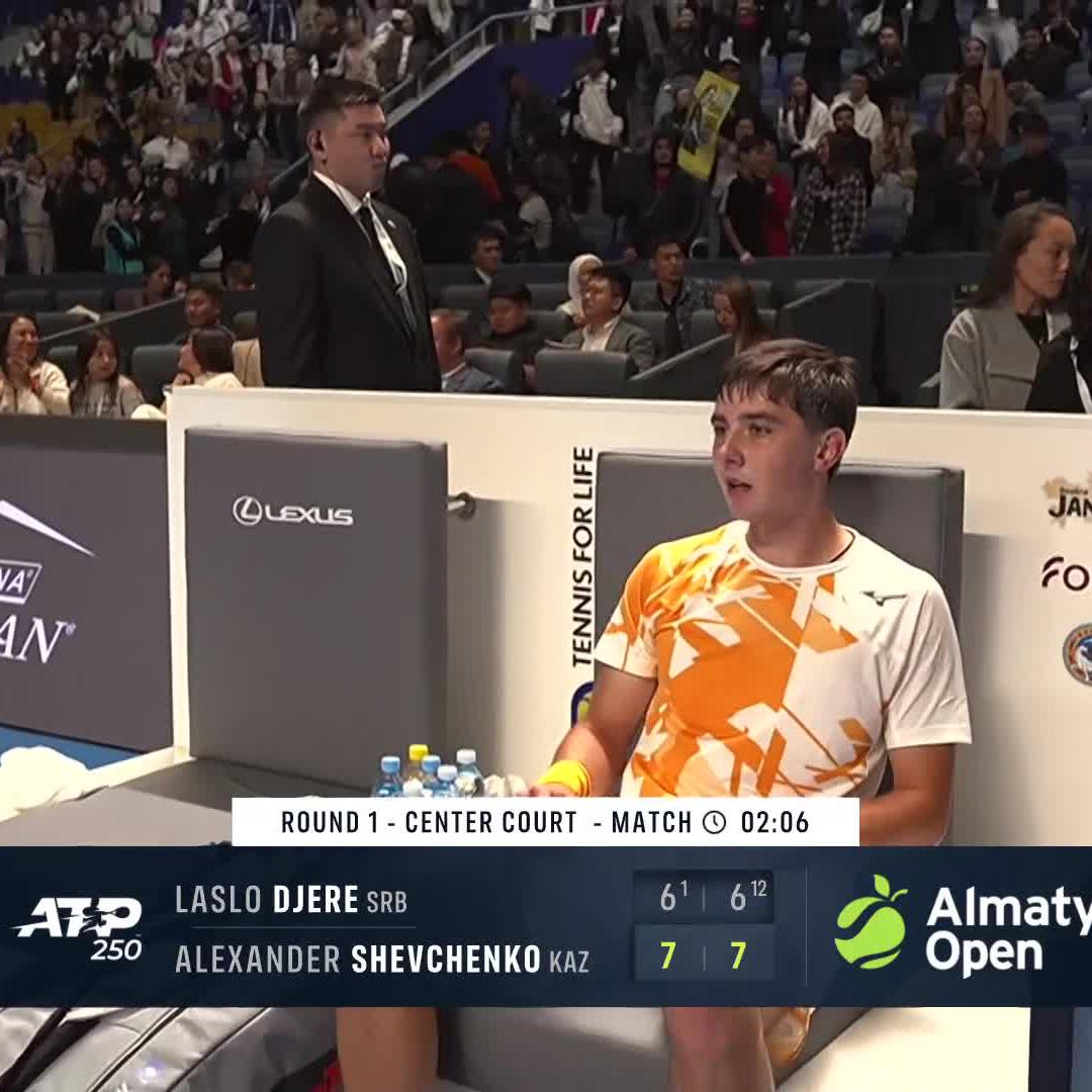 Keeping the home crowd happy 😃 Alexander Shevchenko battles through two tiebreaks to defeat Laslo Djere 7-6(1) 7-6(12)! #AlmatyOpen