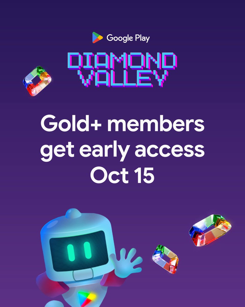 Good (and shiny 💎) things come to those who wait. Meet us in Diamond Valley, our mini-game that lets you collect diamonds for a chance to win rewards. The fun begins on Oct 23. If you’re a Gold+ Google Play Points member, you can play early starting on Oct 15. ✨ #GoPlay Game available in select countries. No purchase necessary. Void where prohibited. Terms apply.