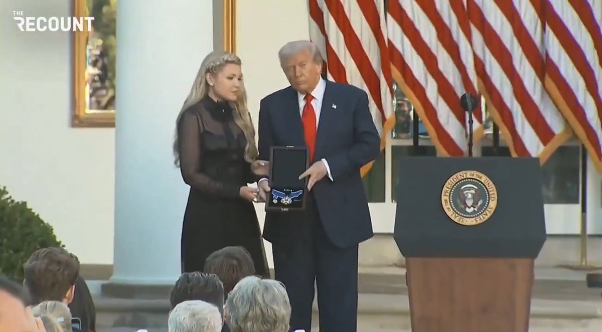 President Trump posthumously awards the Presidential Medal of Freedom to Charlie Kirk, presenting the award to his widow, Erika.