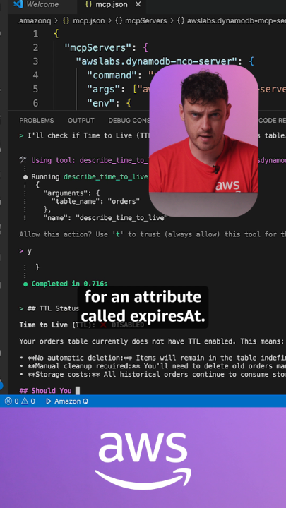 AI simplifies database development. 🤖💻⚡️ In this AWS Data &amp; AI Bytes episode, we demonstrate how AI agents use the Model Context Protocol to handle Amazon DynamoDB tasks through simple conversations. Learn more. 👉
