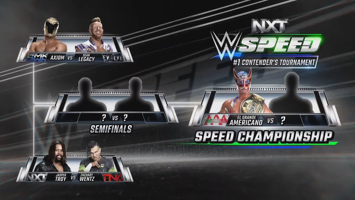 .A V A has announced that the NXT Men's Speed Tournament will begin NEXT WEEK with these 2 matchups: Axiom vs. Sean Legacy Jasper Troy vs. Zachary Wentz Who will step up and earn a shot at the champ?!