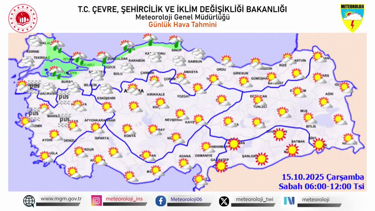 📆15 Ekim 2025 Çarşamba 🌡️Hava Sıcaklığı: Mevsim normalleri civarında seyretmesi bekleniyor.