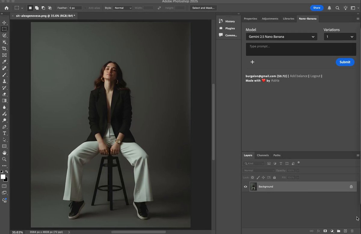 Nano Banana in Photoshop is a game-changer that allows precise control, working with real-life product references at high precision while using all of Photoshop professional tools that are needs to get production grade quality. Starting from reference image, changing shoes, sweater and earings in a matter of seconds, and then retouching to make sure the final result. Check out the links in the comment for videos on how this tool is used for architecture, fashion and advertisements