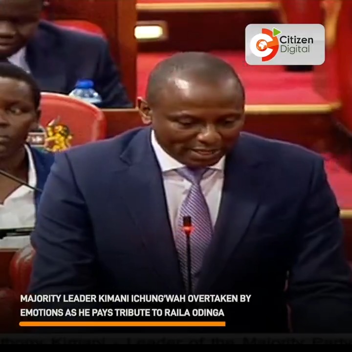 Majority Leader Kimani Ichung’wah overtaken by emotions as he pays tribute to Raila Odinga