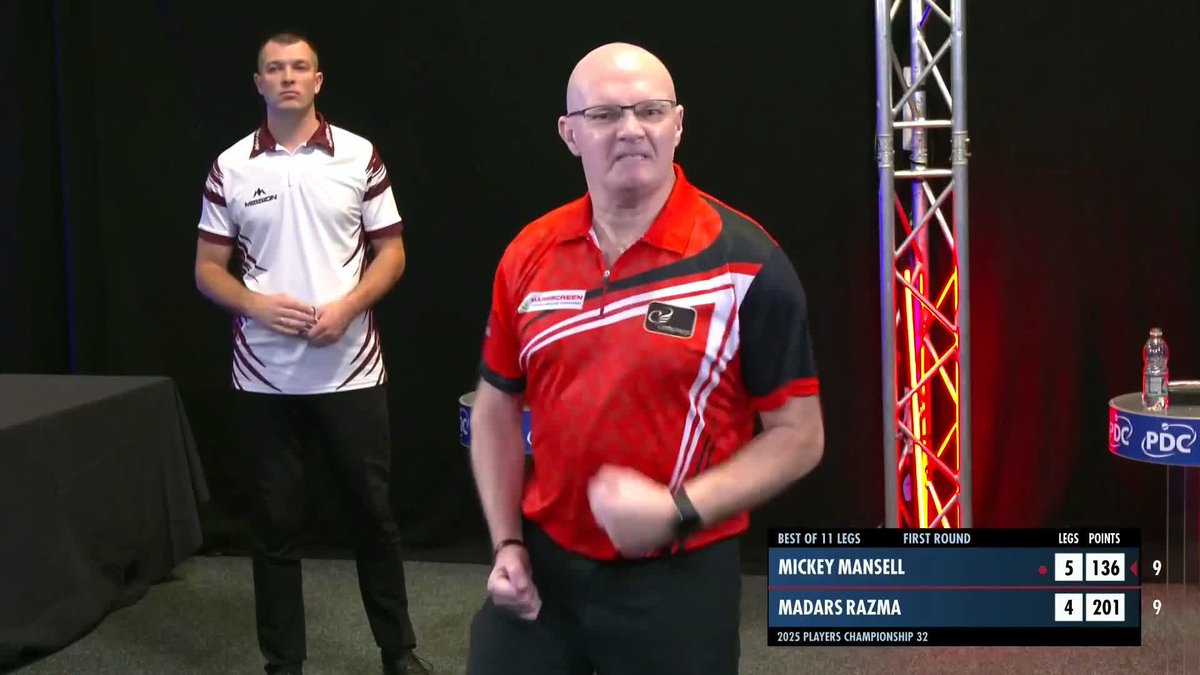 CAUGHT IN A CYCLONE! A superb performance from Mickey Mansell, who averages 102.67 against Madars Razma - winning the match 6-4 to advance in Wigan! 📺 #PC32