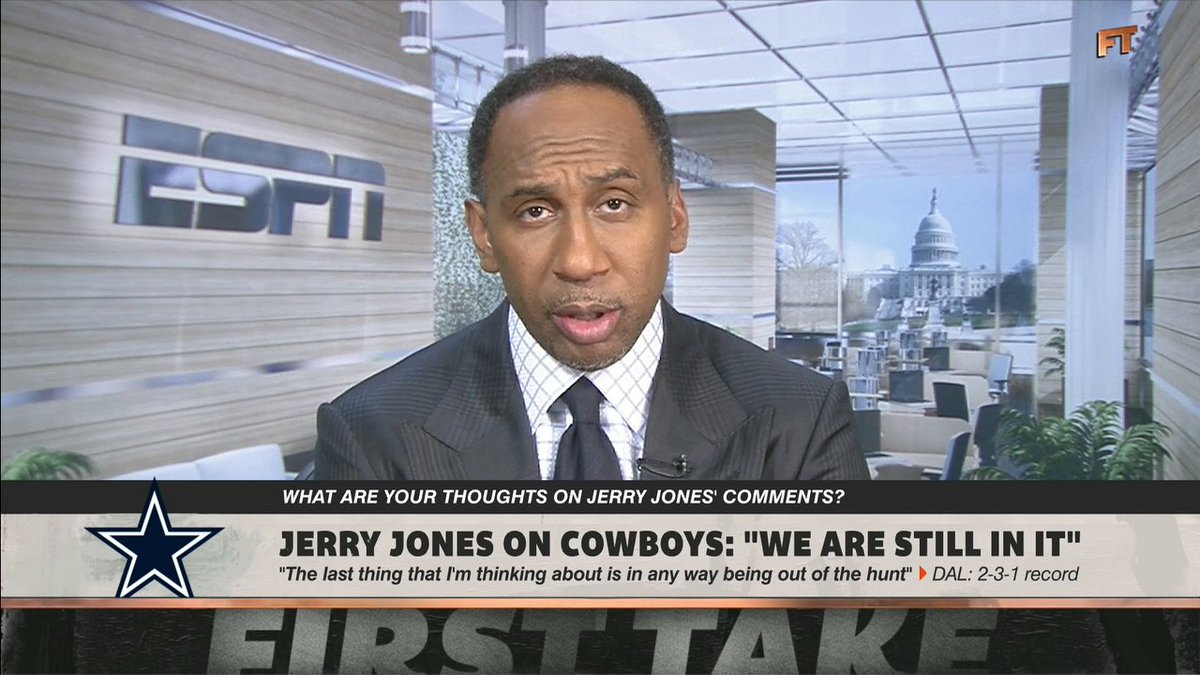 "I think Jerry Jones is off his rocker." —Stephen A Smith on the Cowboys' owner saying Dallas is "still in it" 😅